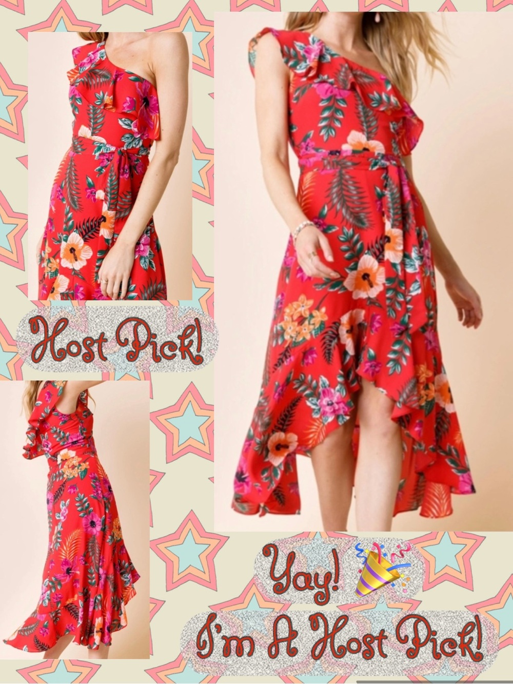 Host Pick!  Mi Ami  Francheska Red Tropical Floral High-Low One-Shoulder Dress